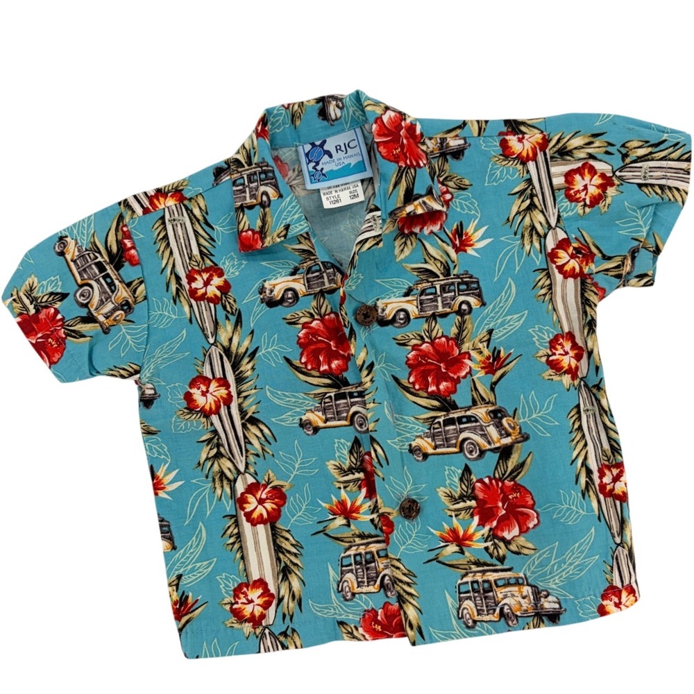 RJC Hawaiian Shirt 12M Blue Woody Surfboard Tropical Retro Vintage Kids‎ Aloha
